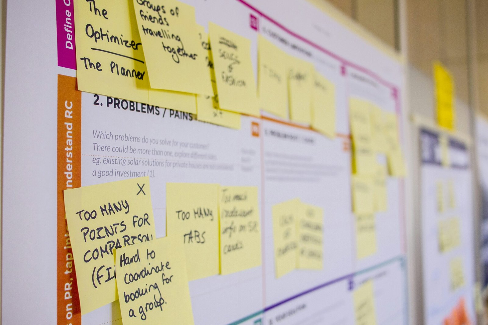 Close-up of a brainstorming session board in a workshop, featuring sticky notes, showcasing the collaborative efforts facilitated by a presentation design agency.