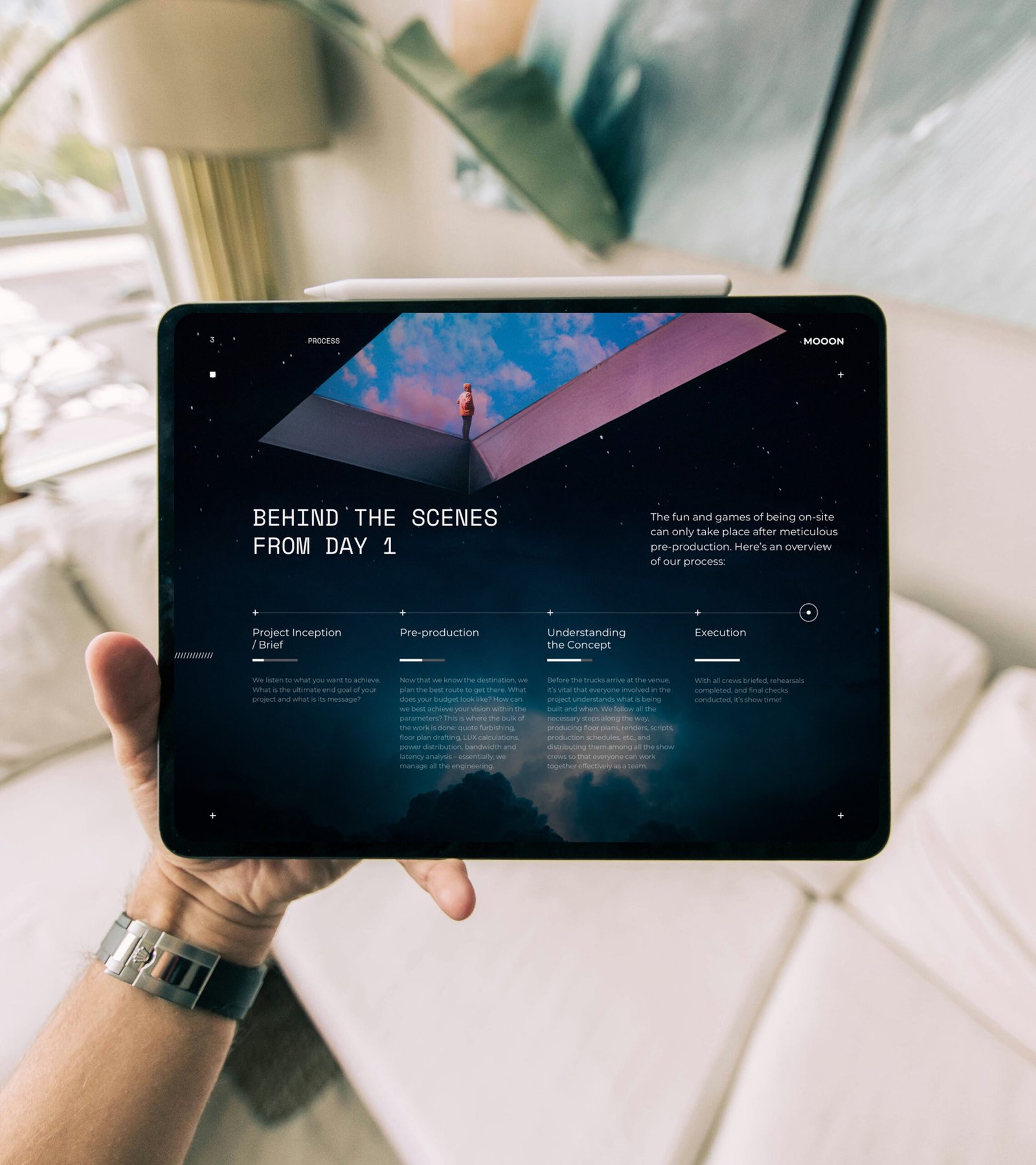 High-quality pitch deck design, showcasing a sales pitch presentation on a tablet screen that effectively guides viewers through the project process