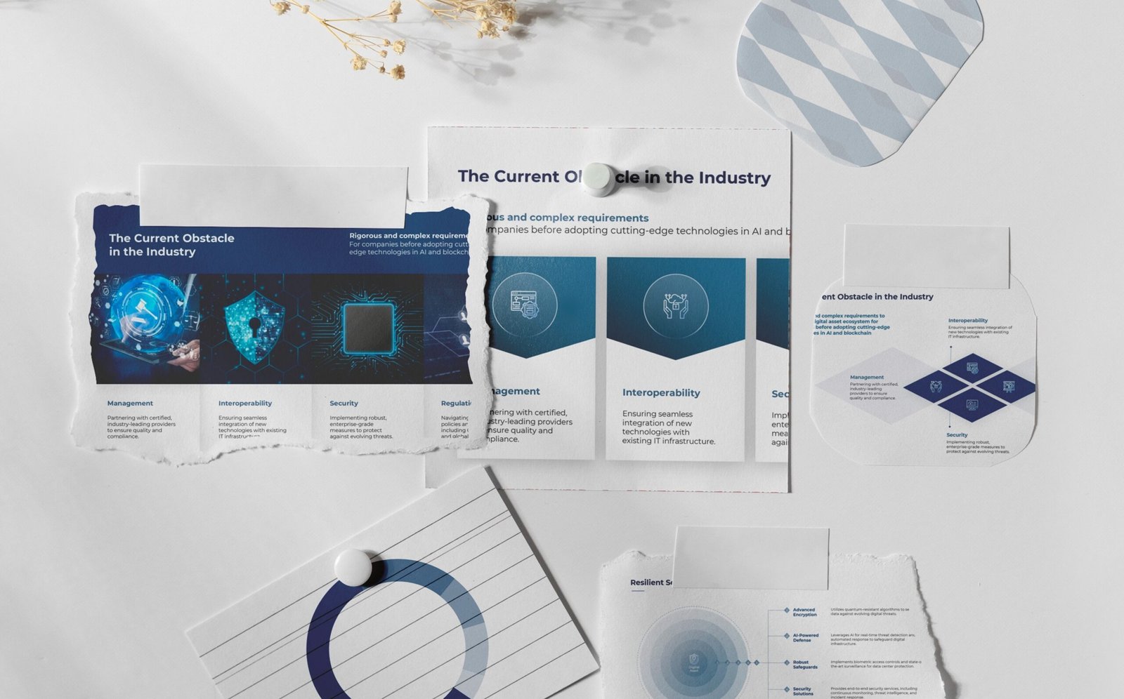 An array of pitch deck design options for a sales pitch presentation displayed on various paper pieces, emphasising different content layouts ideal for presenting industry challenges and solutions