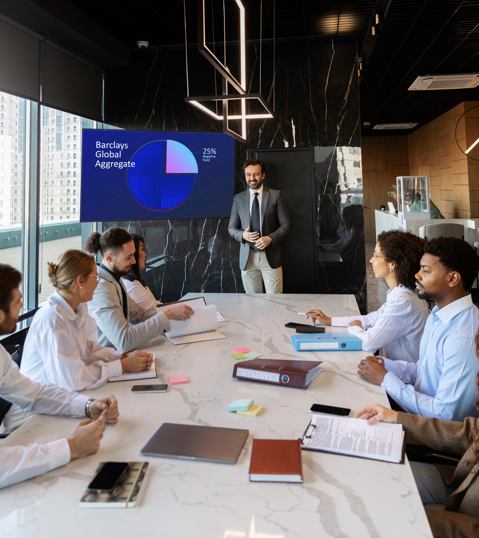 Business professionals engaged in a financial presentation, discussing portfolio allocations in a modern office setting equipped with advanced presentation technology by top powerpoint design services