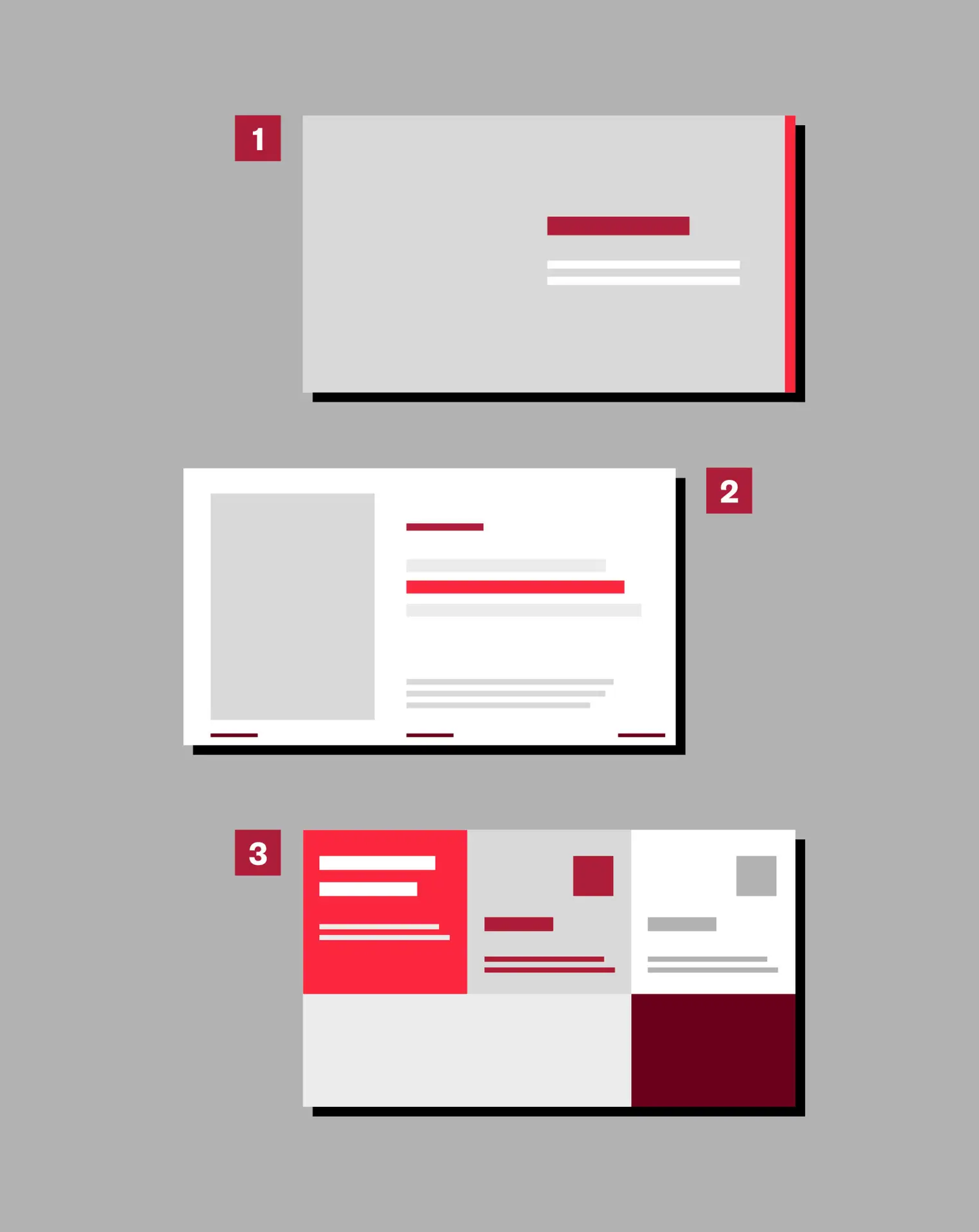 Three distinct PowerPoint slide design options, each showing different arrangements of text and visual elements