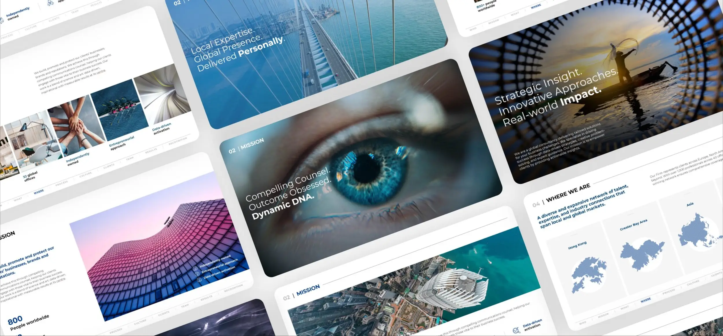 A dynamic corporate PowerPoint design features a content-rich and visually immersive array of slides, combining striking imagery with a flexible layout to effectively organize and present complex business information