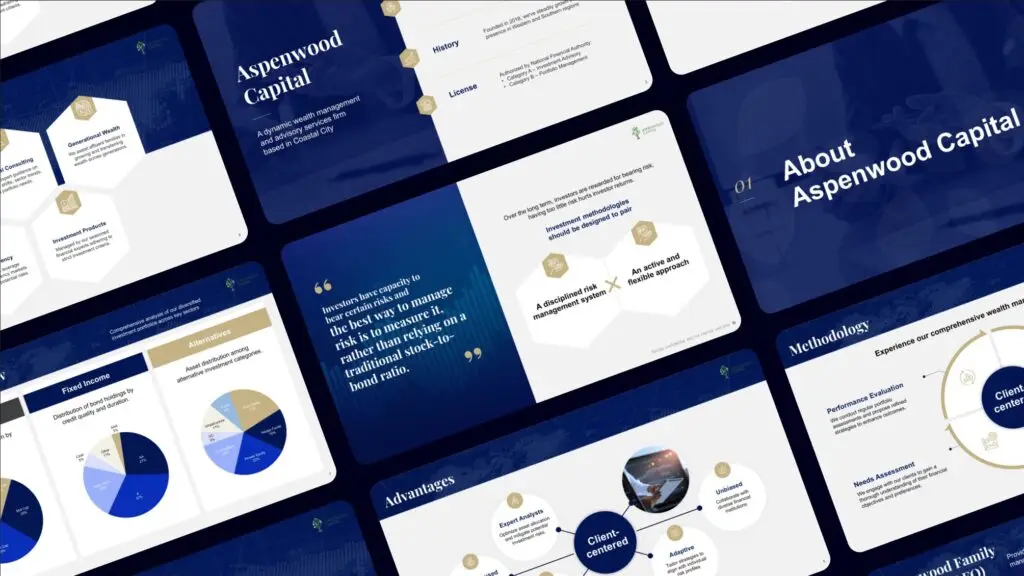 A sleek corporate deck design for a finance company with digestible infographics that enhance credibility and organization, presented in a variety of engaging layouts