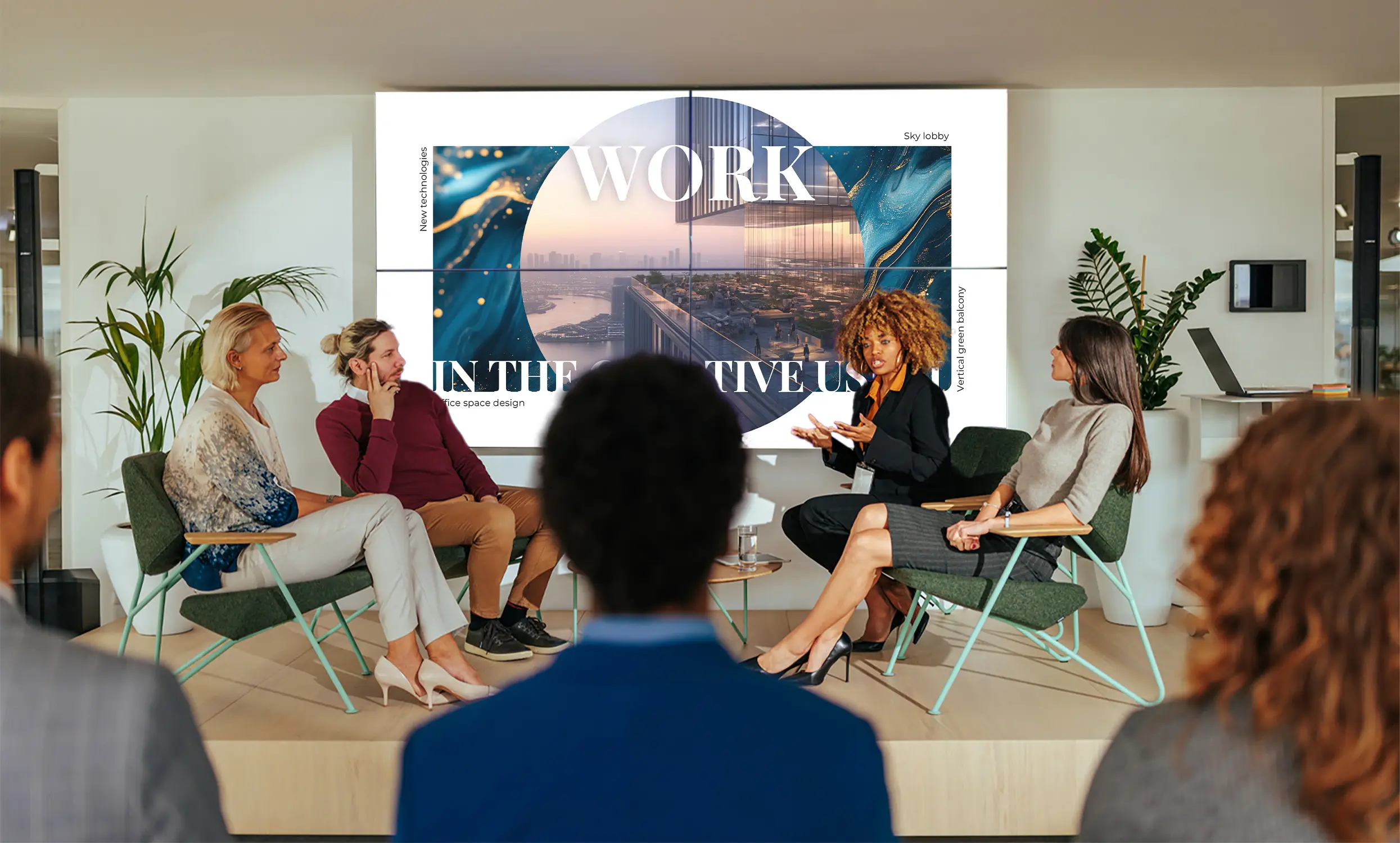 A team engages in a dynamic conference presentation, utilizing powerful storytelling and interactive discussions to foster innovative ideas in a collaborative setting